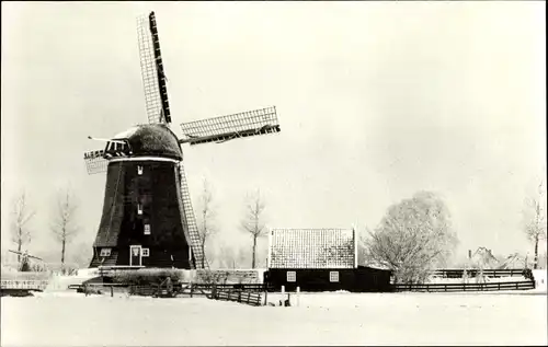 Ak Wijdewormer Wormerland Nordholland Niederlande, Necker Molen, Winter