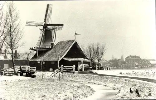 Ak Zaanse Schans Zaanstad Nordholland, Mosterdmolen De Huisman, Winter