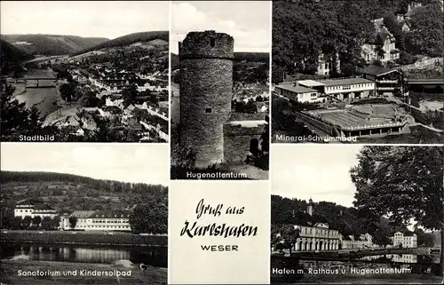 Ak Bad Karlshafen an der Weser, Stadtbild, Hugenottenturm, Mineral-Schwimmbad, Sanatorium