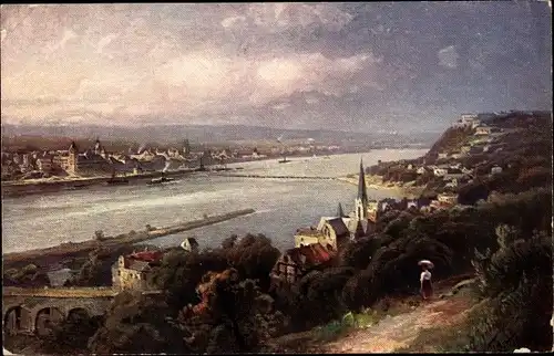 Künstler Ak Astudin, N., Koblenz, Blick über den Rhein, Kirche, Gewitterwolken