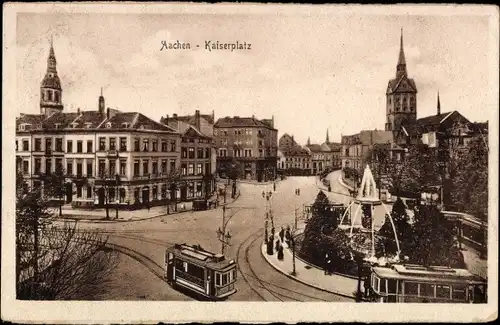 Ak Aachen in Nordrhein Westfalen, Kaiserplatz, Tram, Springbrunnen