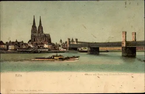 Ak Köln am Rhein, Rhein mit Dom und Eisenbahnbrücke, Schiff