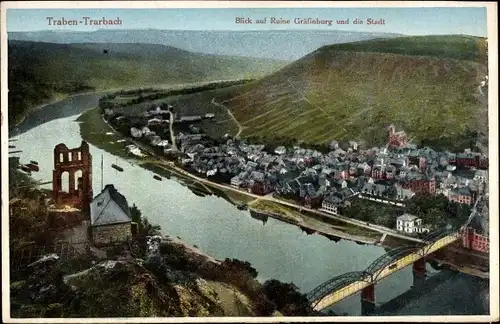 Ak Traben Trarbach an der Mosel, Ruine Gräfinburg und die Stadt
