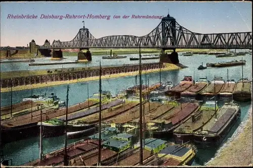 Ak Homberg Ruhrort Duisburg im Ruhrgebiet, Rheinbrücke an der Ruhrmündung, Schiffe