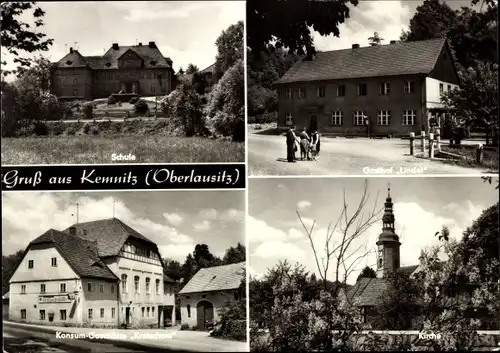 Ak Kemnitz Bernstadt auf dem Eigen, Schule, Gasthof Lindel, Konsum Gaststätte Kretscham, Kirche