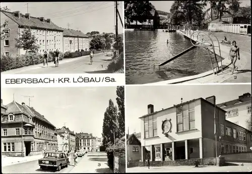 Ak Ebersbach in Sachsen Oberlausitz, Neubaugebiet Camillo-Gocht-Straße, Sommerbad, Bahnhofstraße