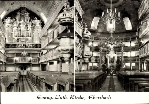 Ak Ebersbach in Sachsen Oberlausitz, Ev.-Luth. Kirche, Orgelbühne, Blick zum Altar