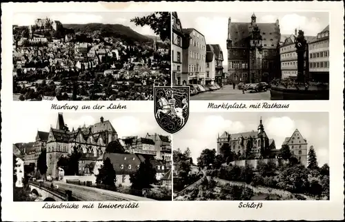 Ak Marburg an der Lahn, Gesamtansicht, Marktlatz, Rathaus, Lahnbrücke mit Universität, Schloss