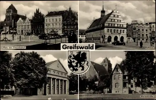 Ak Hansestadt Greifswald, Platz der Freundschaft, Rathaus, Theater, Marienkirche