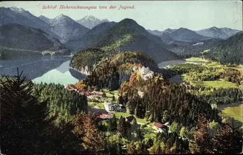 Ak Hohenschwangau Schwangau im Ostallgäu, Schloss Hohenschwangau, Blick von der Jugend