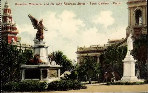 Ak Durban Südafrika, Volunteer Monument and Sir John Robinson Statue, Town Gardens