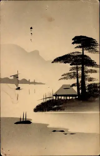 Ak Blick auf einen japanischen Ort, Bäume, Wohnhaus