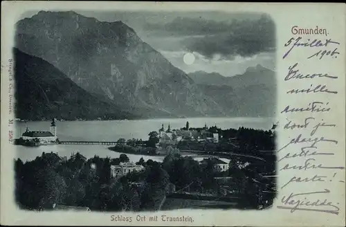 Mondschein Ak Gmunden in Oberösterreich, Panorama, Schloss, Vollmond