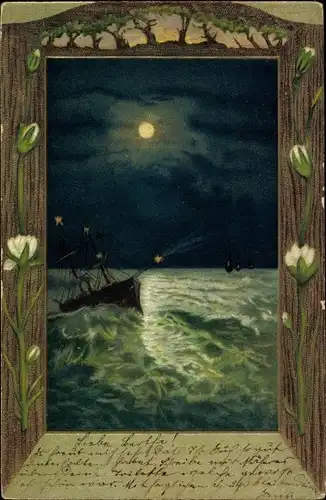 Präge Passepartout Ak Litho Dampfer auf dem Meer bei Nacht, Blüten