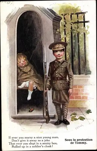 Künstler Ak Nash, Britischer Soldat, Mädchen schläft im Wachhäuschen, Sous la protection de Tommy