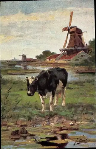 Künstler Ak Oudes, J., Landschaft mit Windmühle und Kuh