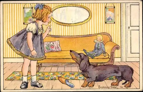Künstler Ak Cocq, Suzanne, Mädchen mit Dackel