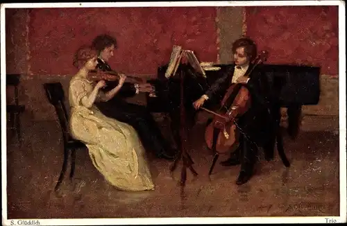 Künstler Ak Glücklich, S., Trio, Musiker, Klavier, Violine, Cello, Primus 5045
