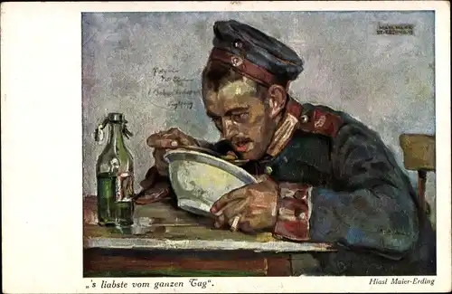 Künstler Ak Maier Erding, Hiasl, s liabste vom ganzen Tag, Soldat beim Essen