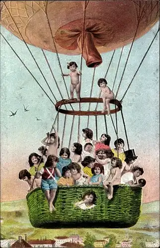 Ak Heißluftballon, Kinder in der Gondel, Fotomontage