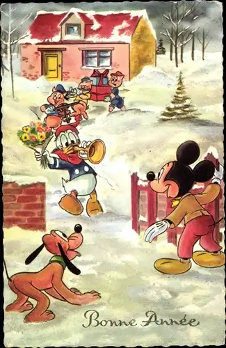 Künstler Ak Glückwunsch Neujahr, Walt Disney, Donald Duck, Pluto, Mickey Maus