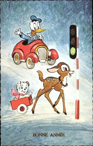 Künstler Ak Glückwunsch Neujahr, Walt Disney, Donald Duck im Auto, Bambi, Ampel