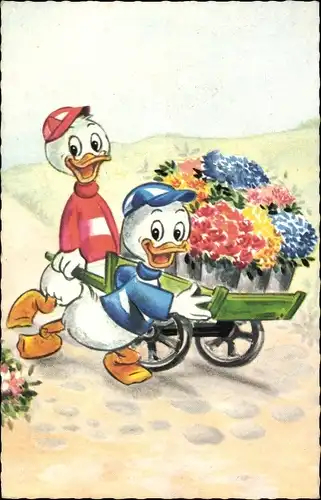 Künstler Ak Walt Disney, Tick, Trick, Track, Schubkarre mit Blumen
