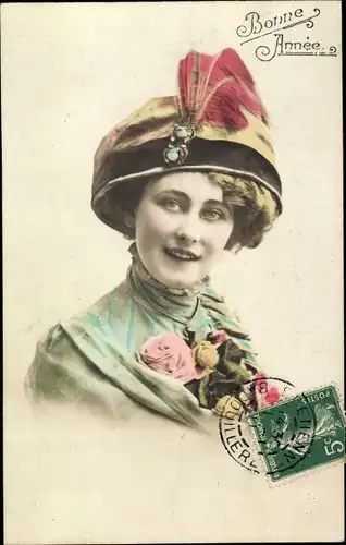 Ak Glückwunsch Neujahr, Portrait einer Frau mit Hut und Rosenblüten