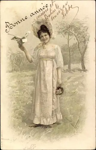 Ak Glückwunsch Neujahr, Frau mit Taube und Hut