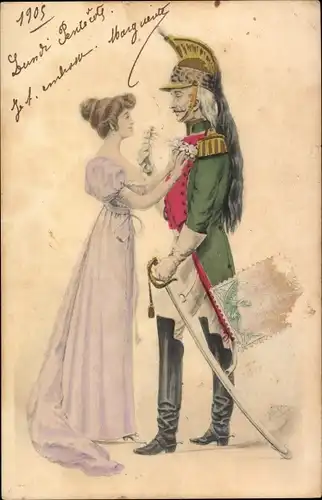 Ak Liebespaar, Mann in Uniform mit Säbel