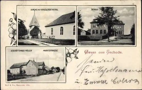 Ak Eschede in der Lüneburger Heide, Kirche, Kriegerdenkmal, Schule, Geschäftshaus Müller, Marktstr.