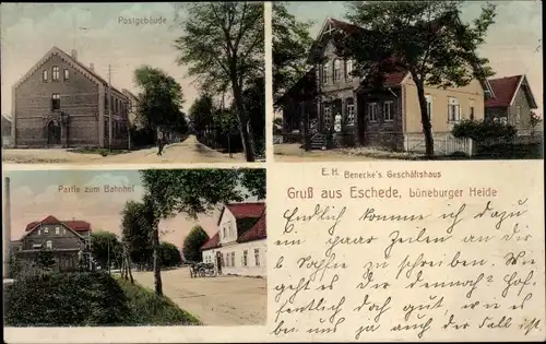 Ak Eschede in der Lüneburger Heide, Postgebäude, Geschäftshaus E. H. Benecke, am Bahnhof