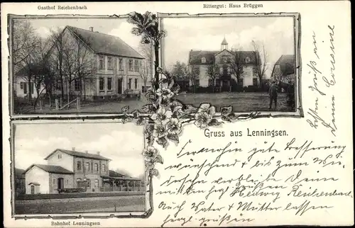 Ak Lenningsen Bönen in Westfalen, Gasthof Reichenbach, Rittergut Haus Brüggen, Bahnhof