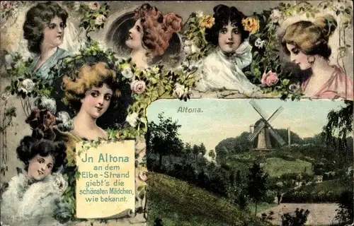 Ak Hamburg Altona, Damenportraits, Blick zur Windmühle