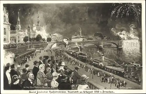 Künstler Ak Dresden Altstadt, Bund Deutscher Radfahrvereine, Feuerwerk am 6. August 1926