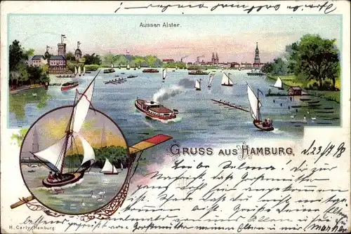 Litho Hamburg Nord Uhlenhorst, Außenalster, Segelboote