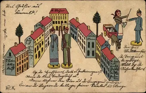 Künstler Ak Krefeld am Niederrhein, Milchfrau mit Polizist, Häuser