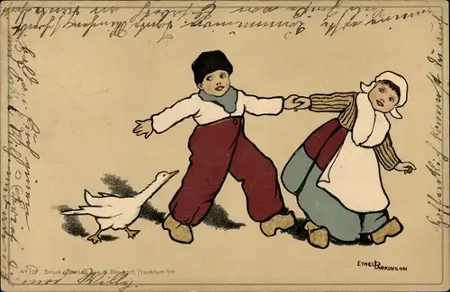 Künstler Litho Parkinson, Ethel, Gans verfolgt Kinder