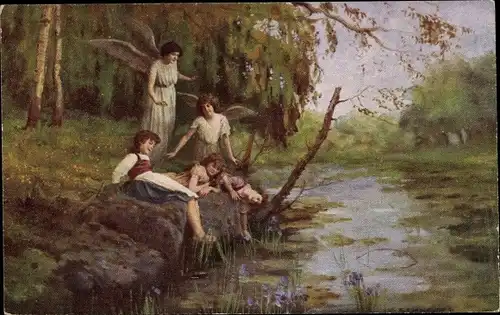 Künstler Ak Schneider, E., Schutzengel mit Kindern am Ufer