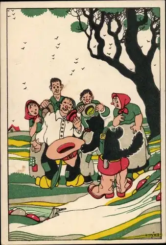 Künstler Ak Links, Der gestiefelte Kater, Märchen, Gebrüder Grimm