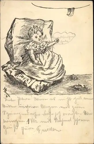 Künstler Ak Baby auf Kissen sitzend