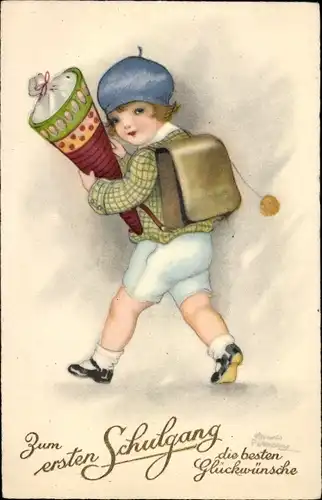 Künstler Ak Petersen, H., Glückwunsch Einschulung, Kind mit Schultüte