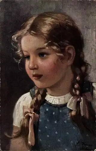 Künstler Ak Kraus, L., Portrait von einem Mädchen mit Flechtzöpfen