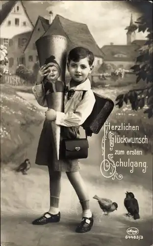 Ak Glückwunsch Einschulung, Mädchen mit Schulranzen und Zuckertüte