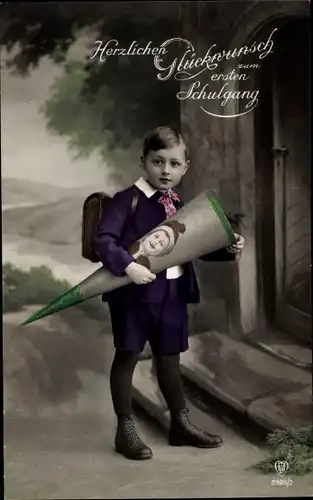 Ak Glückwunsch Einschulung, Junge mit Schulranzen und Zuckertüte