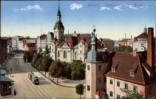 Ak Leipzig in Sachsen, Johannisplatz mit Kirche, Straßenbahn