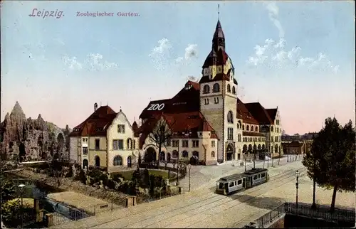 Ak Leipzig in Sachsen, Zoologischer Garten, Straßenbahn