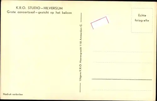 Ak Hilversum Nordholland Niederlande, KRO Studio, Grote concertzaal, gezicht op het balcon