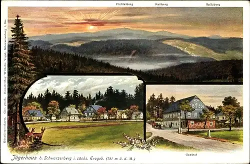 Künstler Ak Jägerhaus Schwarzenberg Sächs. Erzgebirge, Jägerhaus mit Gasthof, Spitzberg, Fichtelberg