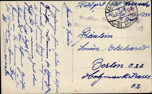 Ak Stempel Deutsche Feldpost 1. WK, 91. Inf. Div., Maschinen Gewehr Komp., Landwehr Inf. Regt. 349